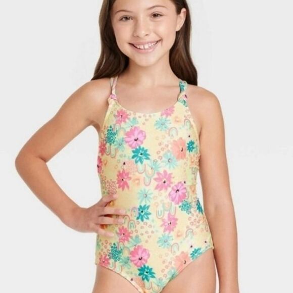 Cat & Jack Yellow and Pink Rainbow Floral One Piece Swimsuit Sz S/6 - Picture 1 of 5
